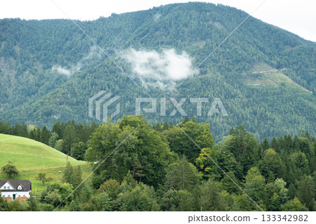 Scenic green mountain valley with forested hills and lone countryside house Scenic green mountain valley with forested hills and lone countryside house 133342982