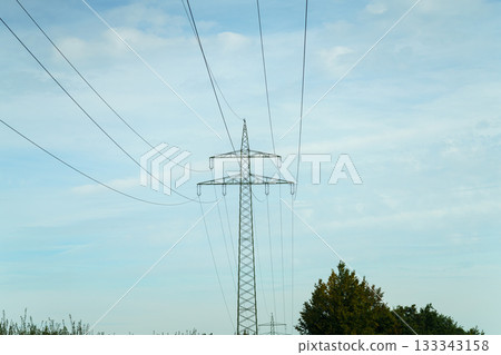 electrical pole with wires on the background of blue sky electrical pole with wires on the background of blue sky 133343158