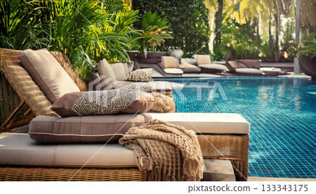 Wicker lounge chair beside a sparkling swimming pool 133343175