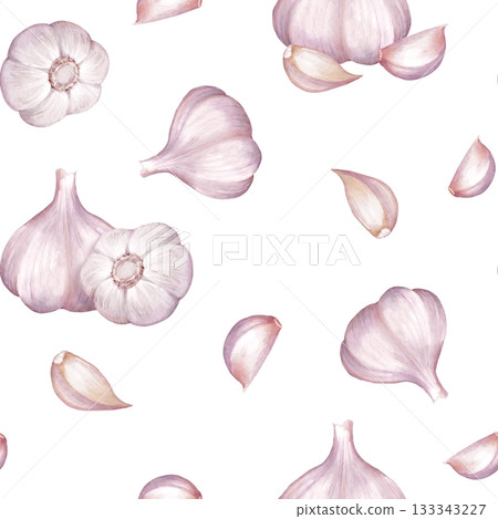 Seamless pattern featuring watercolor garlic bulbs, whole cloves, and individual slices scattered on white background 133343227