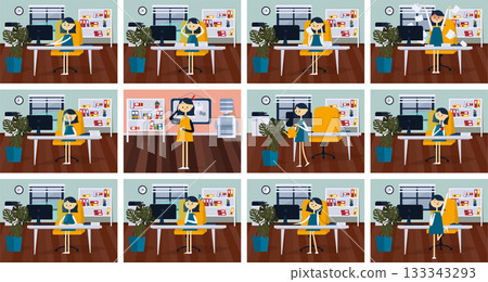 Set of poses businesswoman with different emotions and expressions. Color vector illustration 133343293