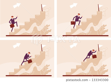 Stages of climbing the stairs. Manager's career. Color vector cartoon illustration. Stages of climbing the stairs. Manager's career. Color vector cartoon illustration. 133343300