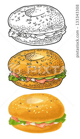 Bagel with salmon. Vector color hand drawn vintage engraving 133343308
