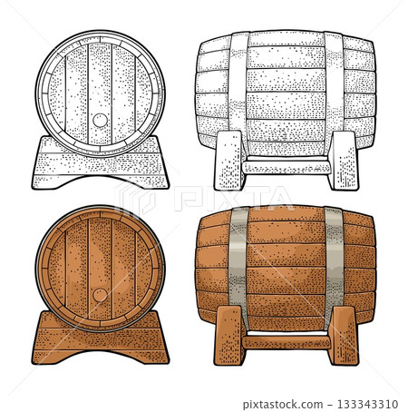 Wooden barrel front and side view engraving vector illustration 133343310