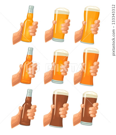Male hand holding a glass with four types beer - light, white, red and dark 133343312