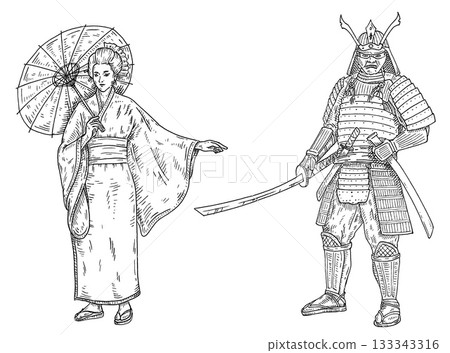 Woman in kimono with umbrella. Japanese samurai with sword. Vintage engraving 133343316
