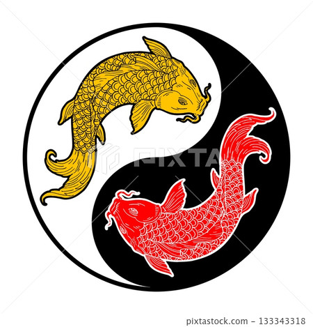 Two koi carps. Yin yang symbol. Vintage engraving monochrome illustration. Isolated on white Two koi carps. Yin yang symbol. Vintage engraving monochrome illustration. Isolated on white 133343318