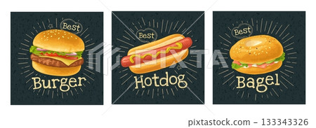 Burger, bagel and hotdog. Vector color flat illustration Burger, bagel and hotdog. Vector color flat illustration 133343326