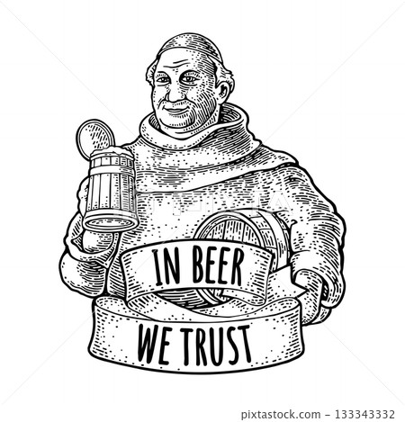 Monk holding wood beer mug engraving. Lettering in beer we trust. Monk holding wood beer mug engraving. Lettering in beer we trust. 133343332