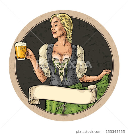 Young sexy Oktoberfest woman holding beer mug. Vintage vector engraving 133343335