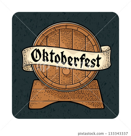 Wooden barrel engraving. Oktoberfest gothic lettering on ribbon. 133343337