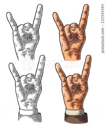 Rock and Roll hand sign. Vector vintage engraving illustration. Rock and Roll hand sign. Vector vintage engraving illustration. 133343343