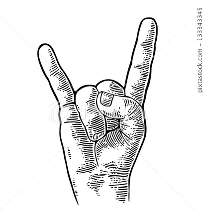 Rock and Roll hand sign. Vector vintage engraving illustration. 133343345