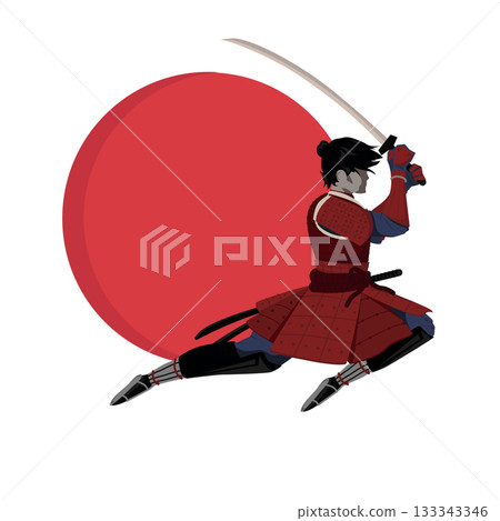 Japanese samurai jumping. Color vector flat cartoon illustration. 133343346