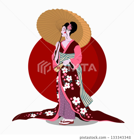 Woman in kimono with umbrella. Color vector flat cartoon illustration. Woman in kimono with umbrella. Color vector flat cartoon illustration. 133343348