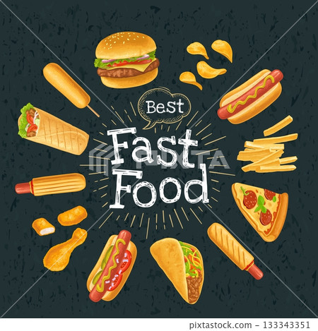 Horizontal poster fast food menu. Vector realistic color Horizontal poster fast food menu. Vector realistic color 133343351