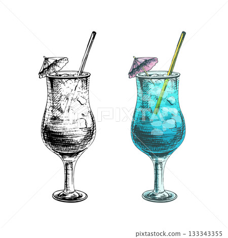 Blue lagoon cocktail with straw, umbrella and ice cube. Vintage hatching vector 133343355
