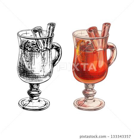 Mulled wine glass with ingredients. Vintage hatching vector illustration 133343357