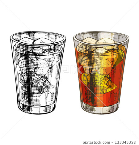 Cuba libre cocktail. Vintage hatching vector illustration. Isolated on white 133343358