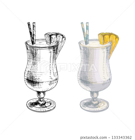 Pina colada cocktail with slice pineapple and straw. Vintage hatching Pina colada cocktail with slice pineapple and straw. Vintage hatching 133343362