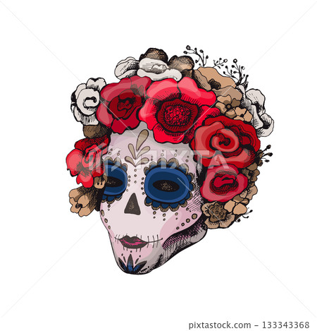 Sugar skull girl. Woman with makeup roses flowers wreath. Vector vintage hatching Sugar skull girl. Woman with makeup roses flowers wreath. Vector vintage hatching 133343368