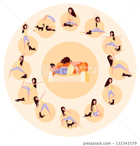 Fat woman lying on sofa. Girs doing gymnastics. Concept for overweight. 133343379