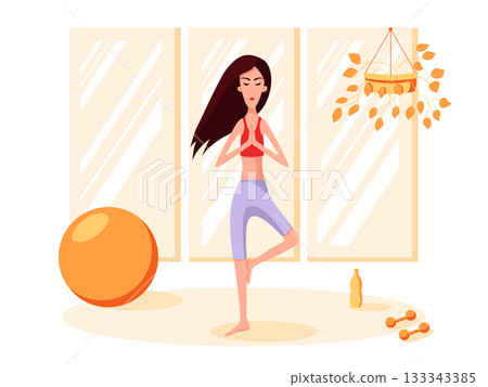Woman stands in a pose of balance. Playing sports. 133343385