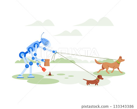 Robot walks the dogs and collects shit. Color cartoon illustration. Robot walks the dogs and collects shit. Color cartoon illustration. 133343386