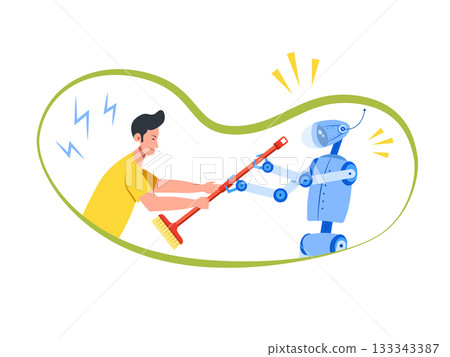 Concept robot takes people away from work. Color vector cartoon flat icon. Concept robot takes people away from work. Color vector cartoon flat icon. 133343387