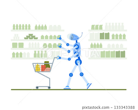 Robot goes shopping in the supermarket. Color vector illustration 133343388