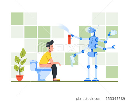 Robot feeds toilet paper. Man man sitting on toilet. Color cartoon 133343389