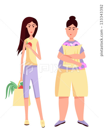 Slim and fat womans choices food in supermarket. Vector flat color icon 133343392