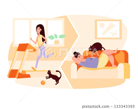 Slim woman running on treadmill. Fat woman with cat lying on sofa. Obesity. Healthy and unhealthy lifestyle. Sport vs fastfood. Vector flat color illustration. Concept for overweight 133343393