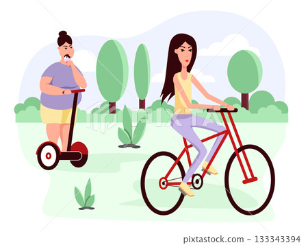 Slim and fat womans ride scooter and bike. Flat vector color cartoon icon Slim and fat womans ride scooter and bike. Flat vector color cartoon icon 133343394