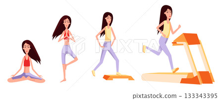Slim woman sits in a lotus position, stands in a pose of balance, doing gymnastics, running on treadmill. Near to her a cat play ball. Color vector flat cartoon illustration. Healthy sport lifestyle. 133343395