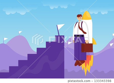 CBusinessman flying up by rocket. Color vector cartoon illustration. CBusinessman flying up by rocket. Color vector cartoon illustration. 133343398