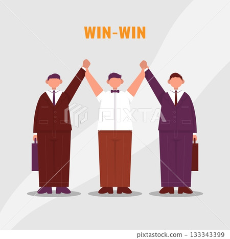 Referee raises two hands of businessmen. Win to Win. Color vector cartoon illustration. Referee raises two hands of businessmen. Win to Win. Color vector cartoon illustration. 133343399