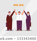 Referee raises two hands of businessmen and businesswoman. Win to Win. Color vector cartoon illustration. 133343400