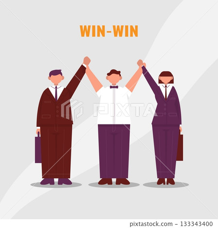 Referee raises two hands of businessmen and businesswoman. Win to Win. Color vector cartoon illustration. 133343400