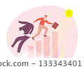 Man runs up the stairs to the gold bitcoin and changes clothes. Color vector cartoon illustration. 133343401