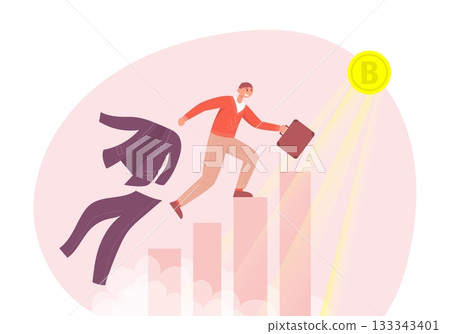 Man runs up the stairs to the gold bitcoin and changes clothes. Color vector cartoon illustration. Man runs up the stairs to the gold bitcoin and changes clothes. Color vector cartoon illustration. 133343401