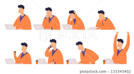 Set of poses businessman with different emotions and expressions. Color vector illustration 133343402