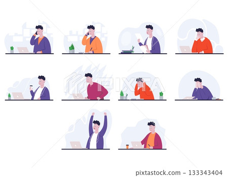Set of poses businessman with different emotions. Color vector illustration 133343404
