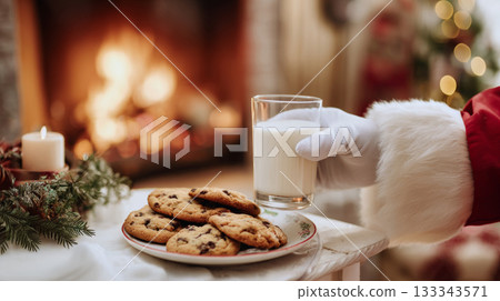 Santa's white-gloved hand lifts a glass of milk beside a plate of cookies, warm fireplace glow creating a cozy Christmas Eve atmosphere 133343571