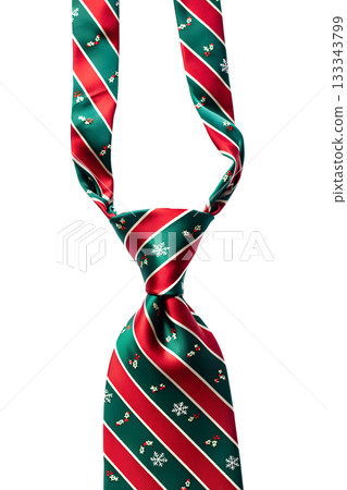 Festive red and green christmas necktie with pattern of holly leaves and snowflakes, ideal for holiday office parties and family gatherings 133343799