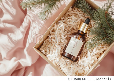 A bottle filled with fragrant essential oil is resting in a cardboard box. AI-generated content. A bottle filled with fragrant essential oil is resting in a cardboard box. AI-generated content. 133343815