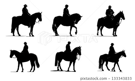 Black Solid Adjusting Boot or Helmet Horse Riding Silhouettes Set of Six on White Background 133343833