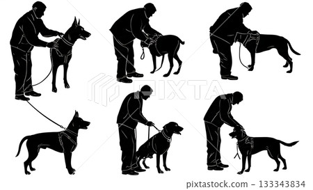 Black Solid Adjusting Gear Dog Walker Silhouettes Set of Six on White Background Black Solid Adjusting Gear Dog Walker Silhouettes Set of Six on White Background 133343834