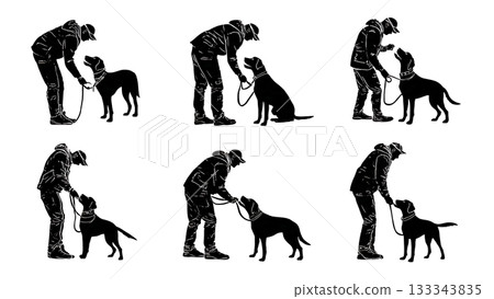 Black Solid Adjusting Gear Dog Walker Silhouettes Set of Six on White Background 133343835