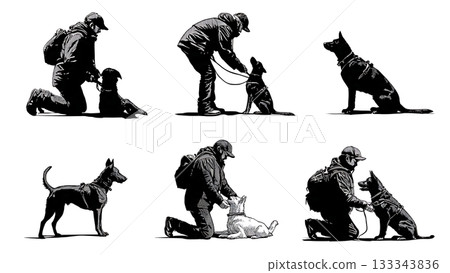 Black Solid Adjusting Gear Dog Walker Silhouettes Set of Six on White Background Black Solid Adjusting Gear Dog Walker Silhouettes Set of Six on White Background 133343836